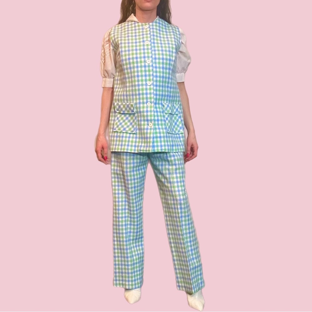 Rare Vintage 1970's MOD green/blue houndstooth two-piece suit